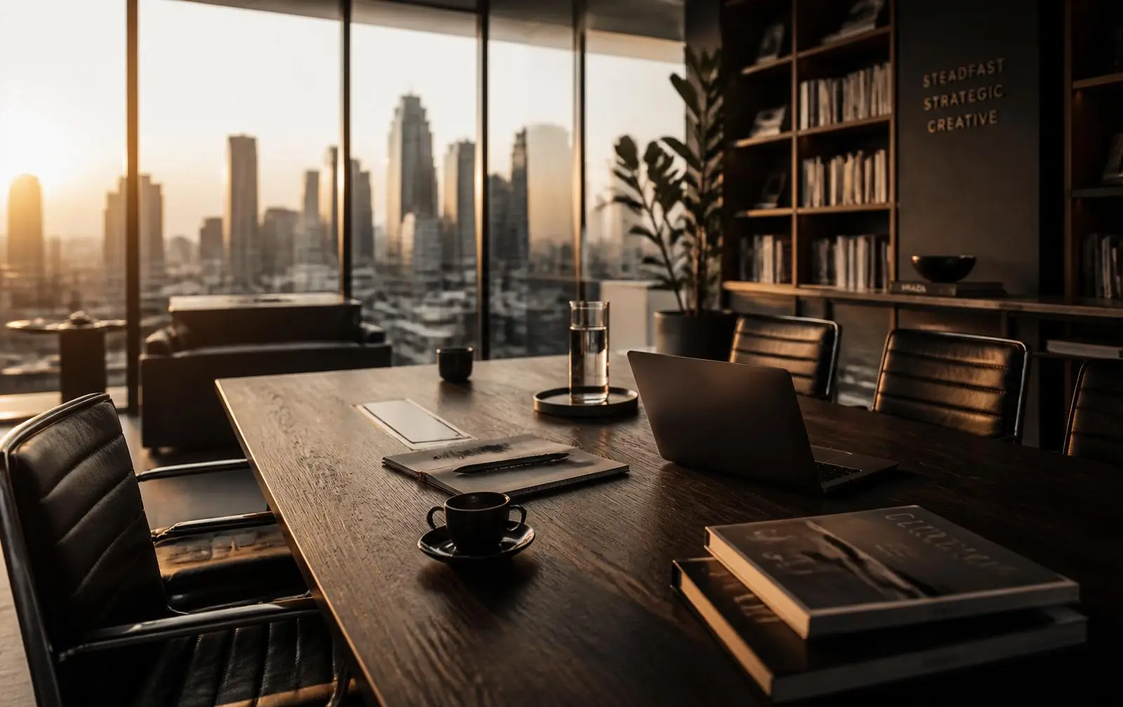 Escritório executivo contemporâneo ao entardecer, vista panorâmica da cidade